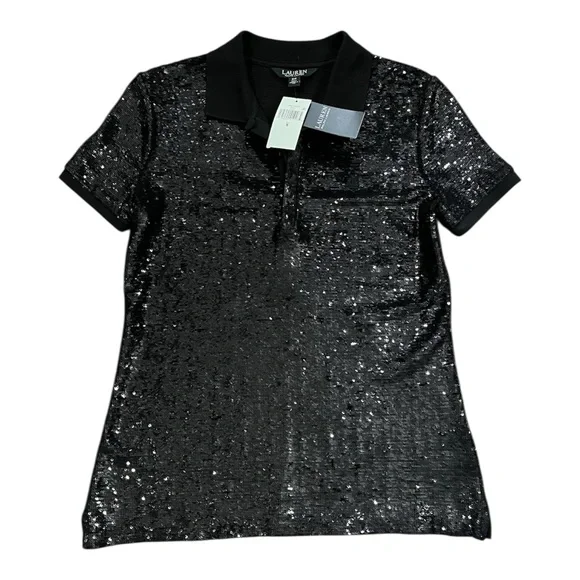 Ralph Lauren Black Sequin Polo Short Sleeve Top (Black Label) size S - Picture 4 of 12
